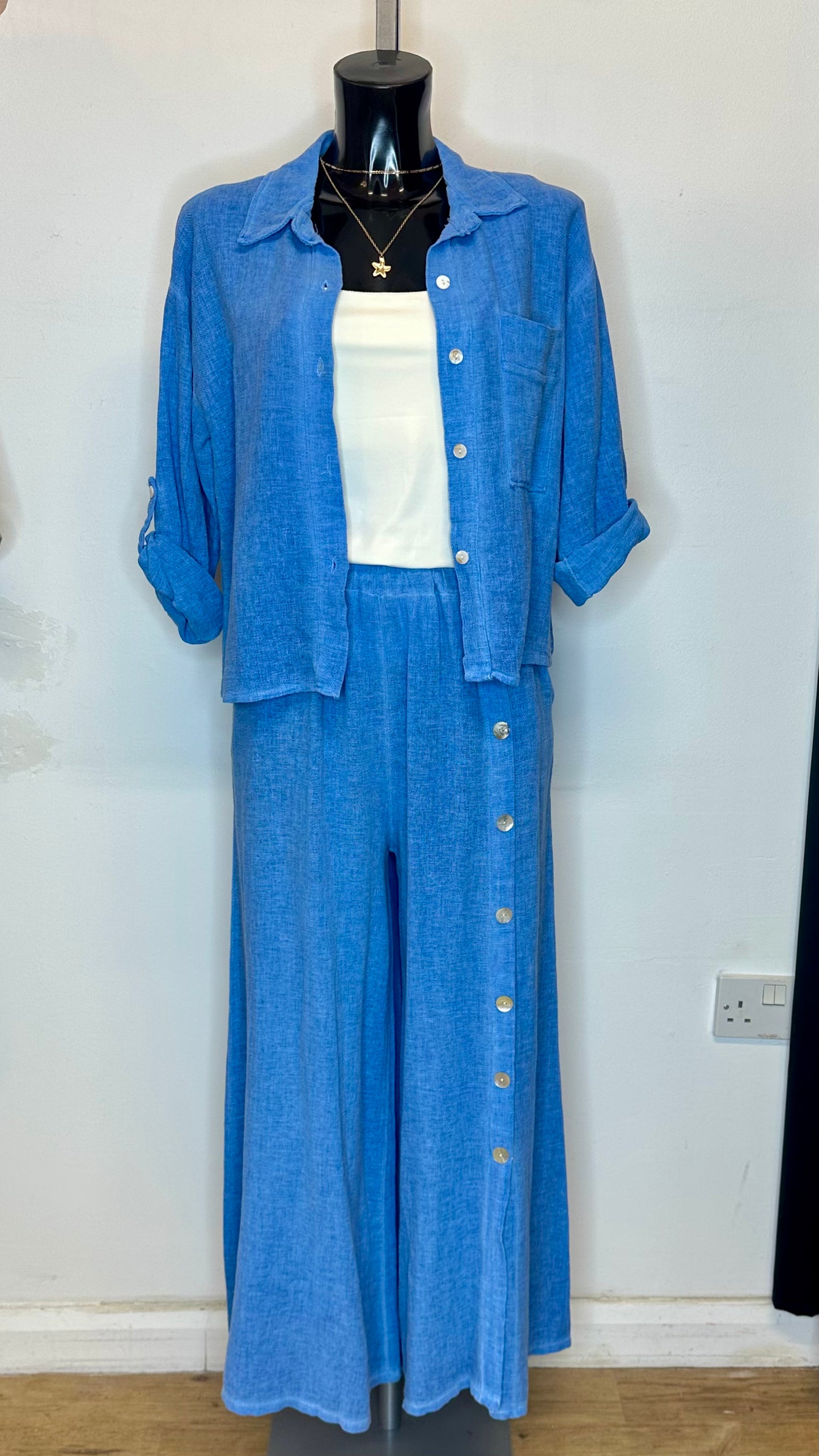 Cotton / Linen Button Top / Cardigan - Blue Colour