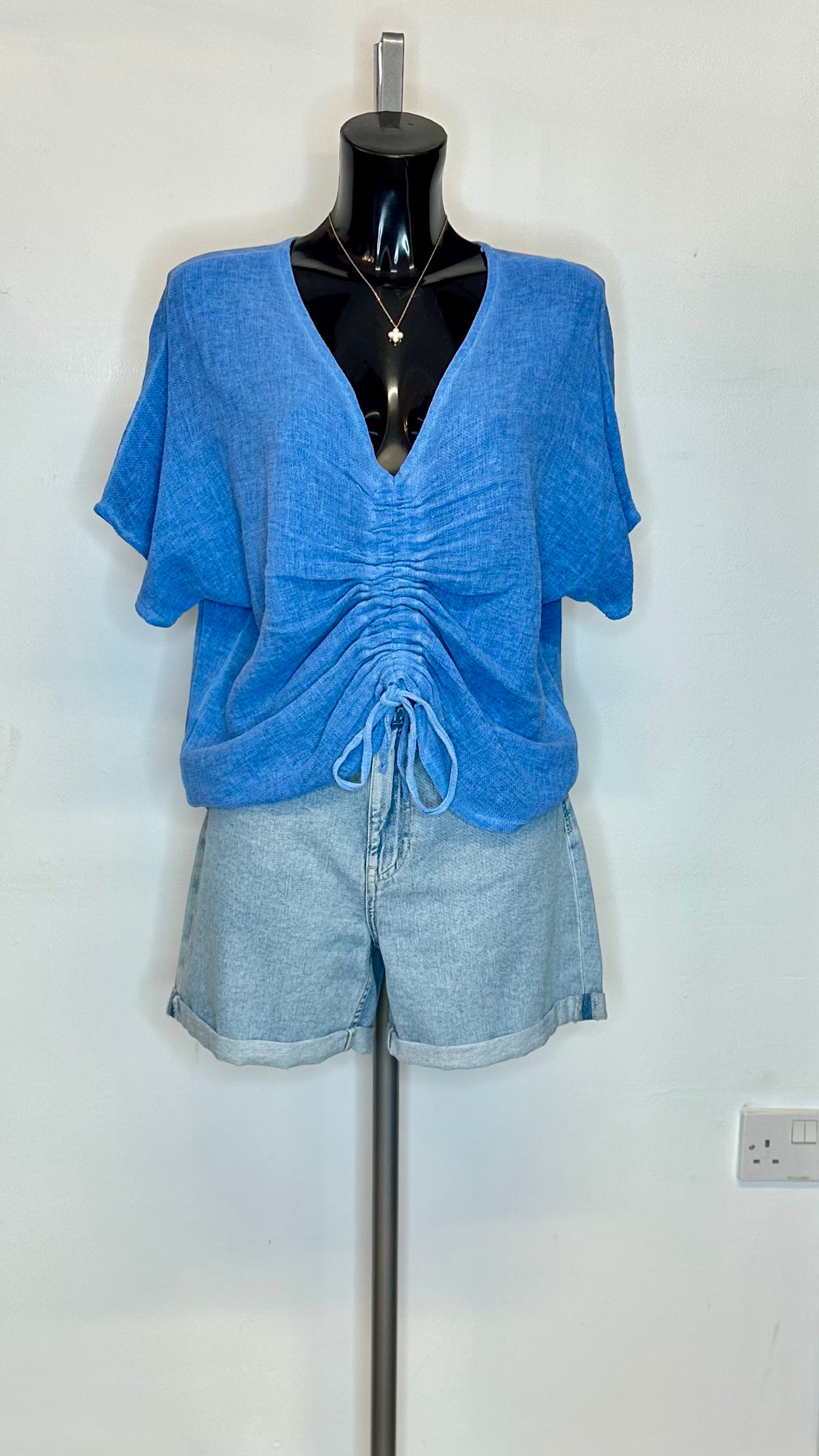Cotton / Linen Ruched Top - Blue