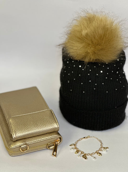 Black Diamante Hat Set