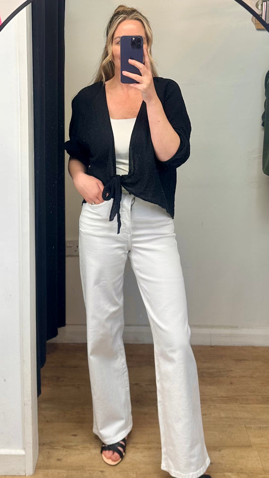 Black cheesecloth tie front cardigan
