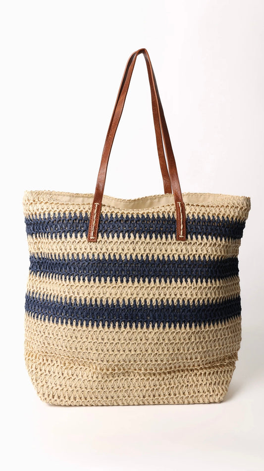 Navy Stripe Woven Shoulder / Beach Bag