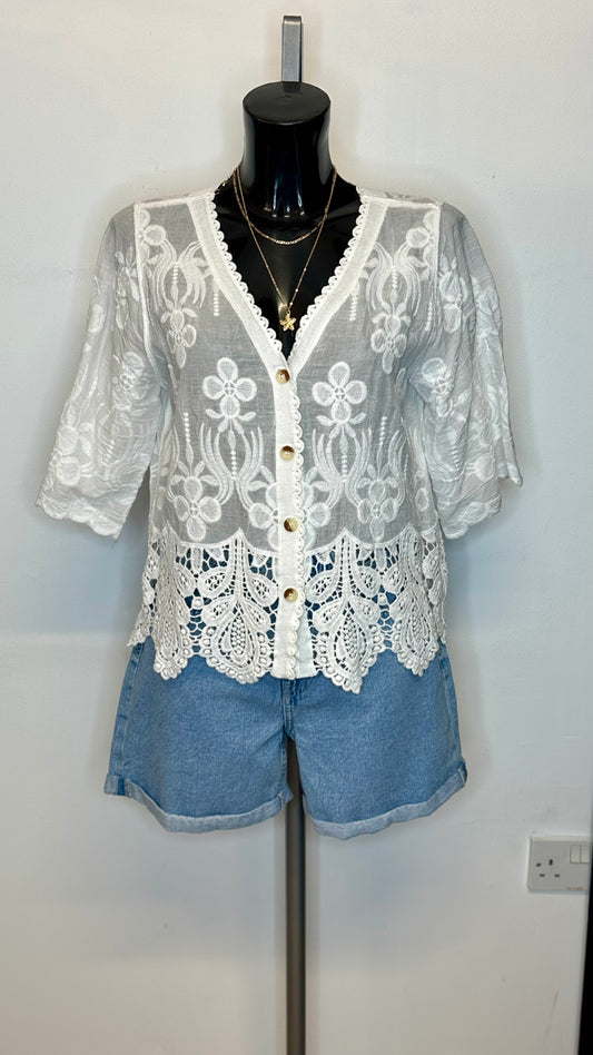Lace Trim Cotton Top - White Colour