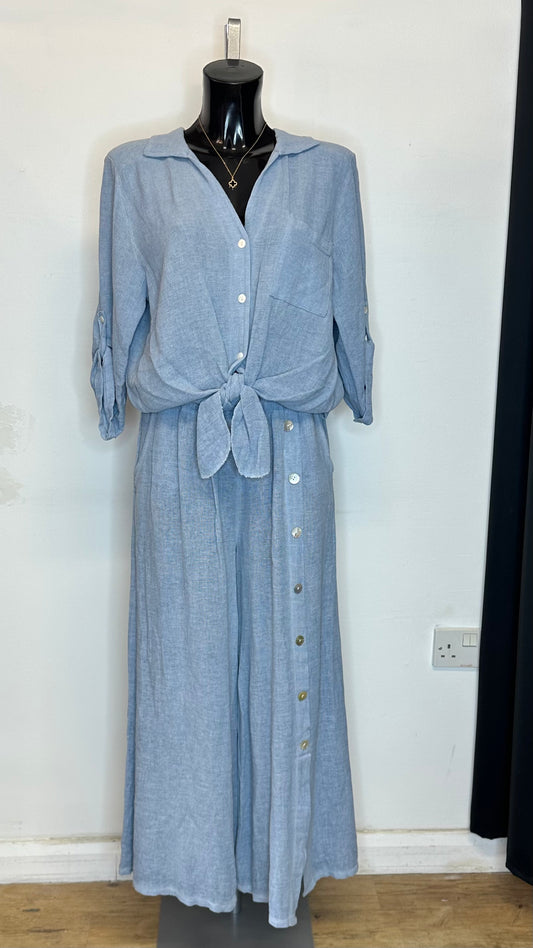 Cotton / Linen Button Trousers - Light Blue Colour