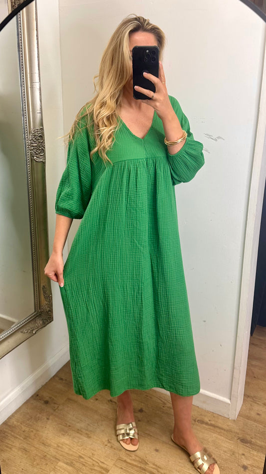 Green cheesecloth midi dress