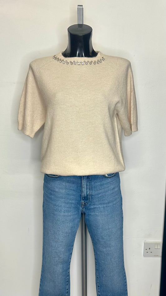 Cream Diamante Neckline Knit