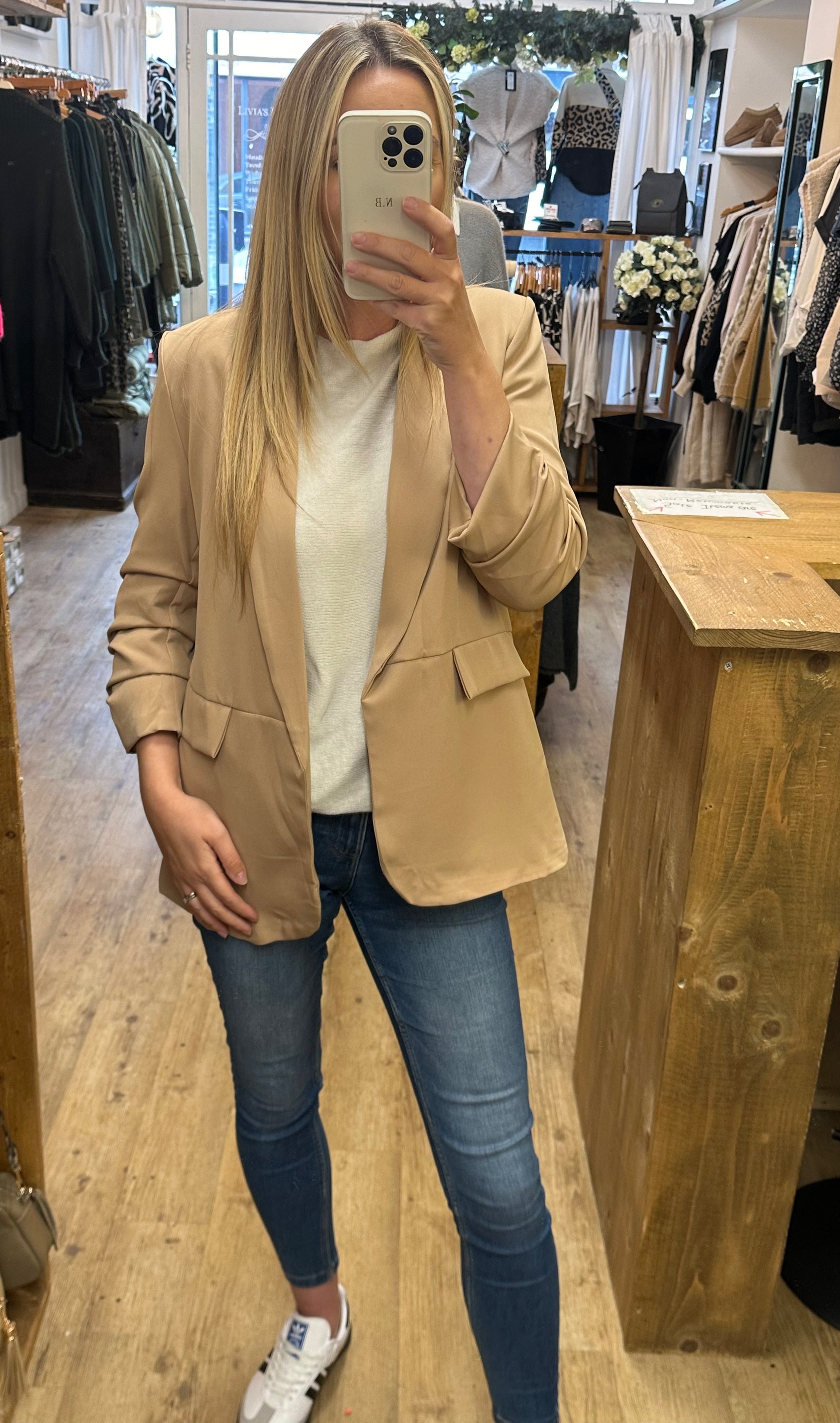 Ruched Sleeve Blazer Camel Livia s Boutique