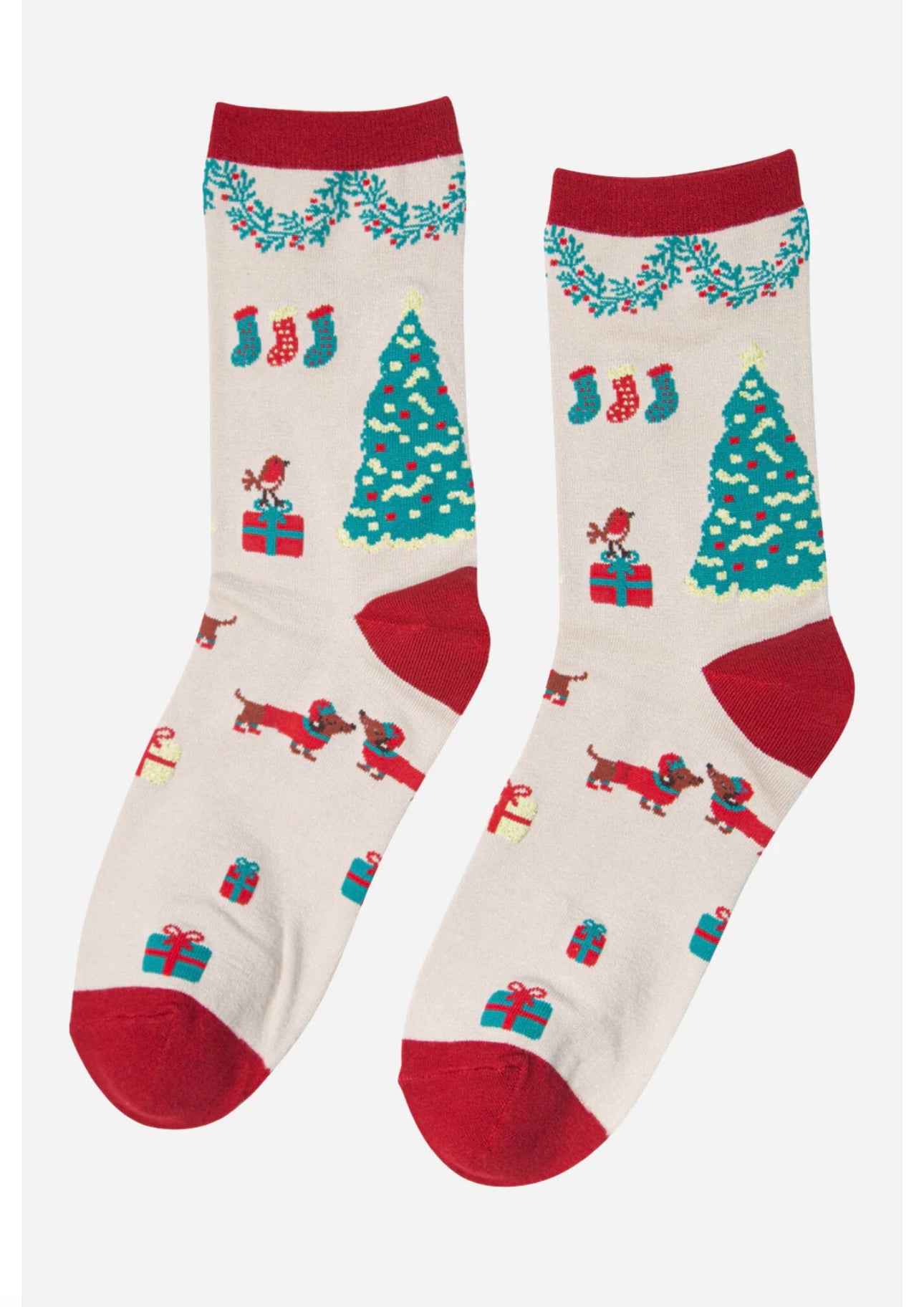 Cream Bamboo Socks - Christmas Sausage Dog / Robin Print