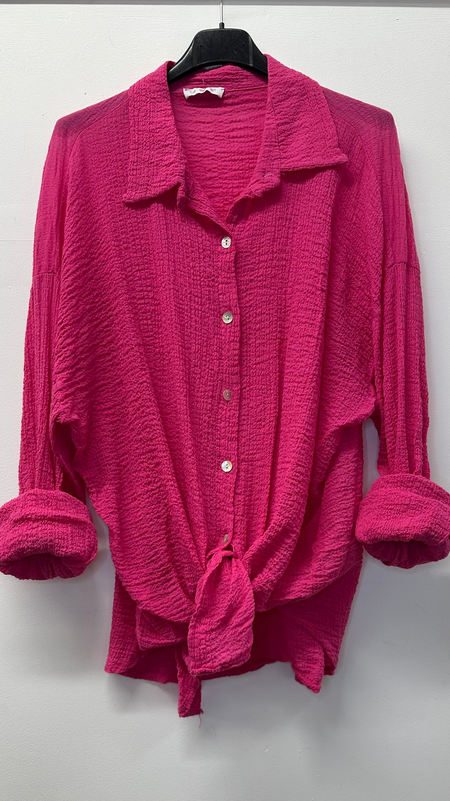 Fuchsia cheesecloth tie knot shirt
