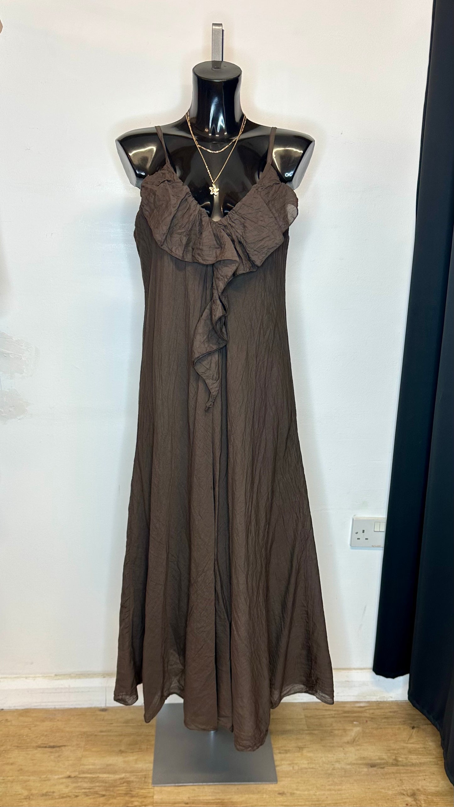 Frill Detail Maxi Dress - Brown Colour