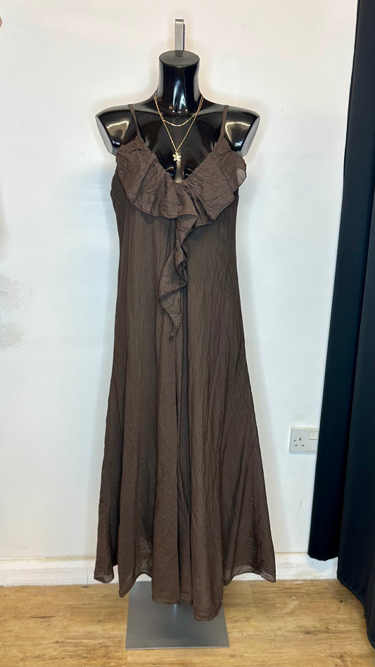 Frill Detail Maxi Dress - Brown Colour