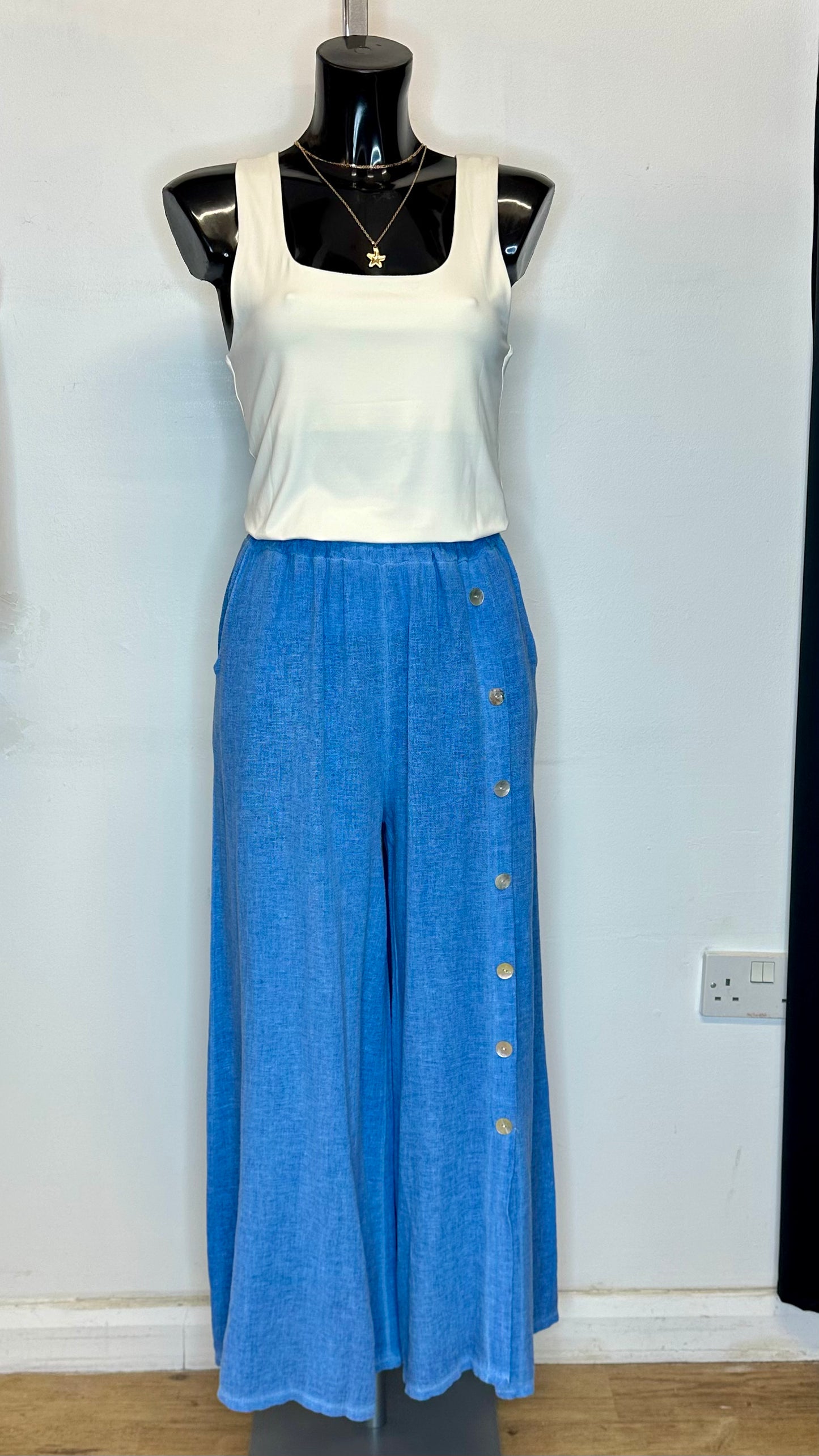 Cotton / Linen Button Trousers - Blue Colour