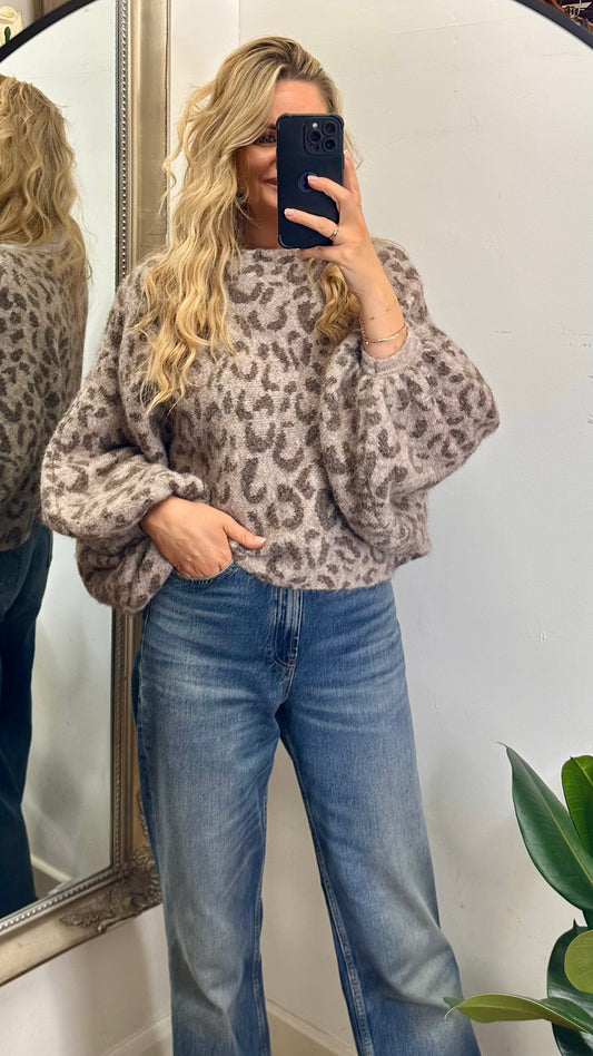 Animal Print Batwing Chunky Knit - Mocha Colour