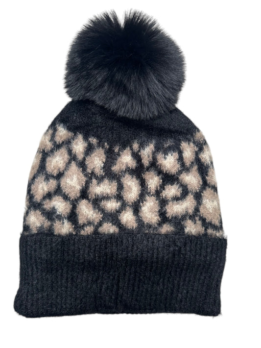 Black Animal Print Pom Pom Hat