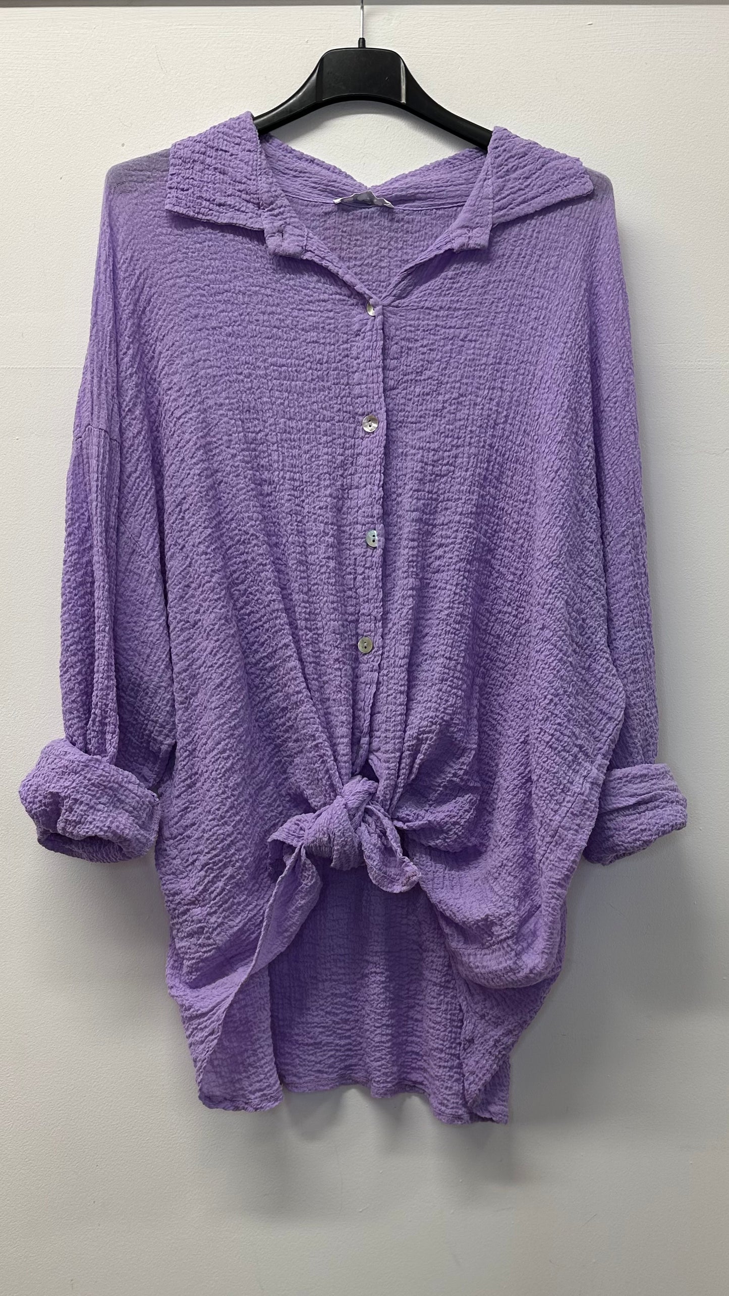 Purple cheesecloth tie knot shirt