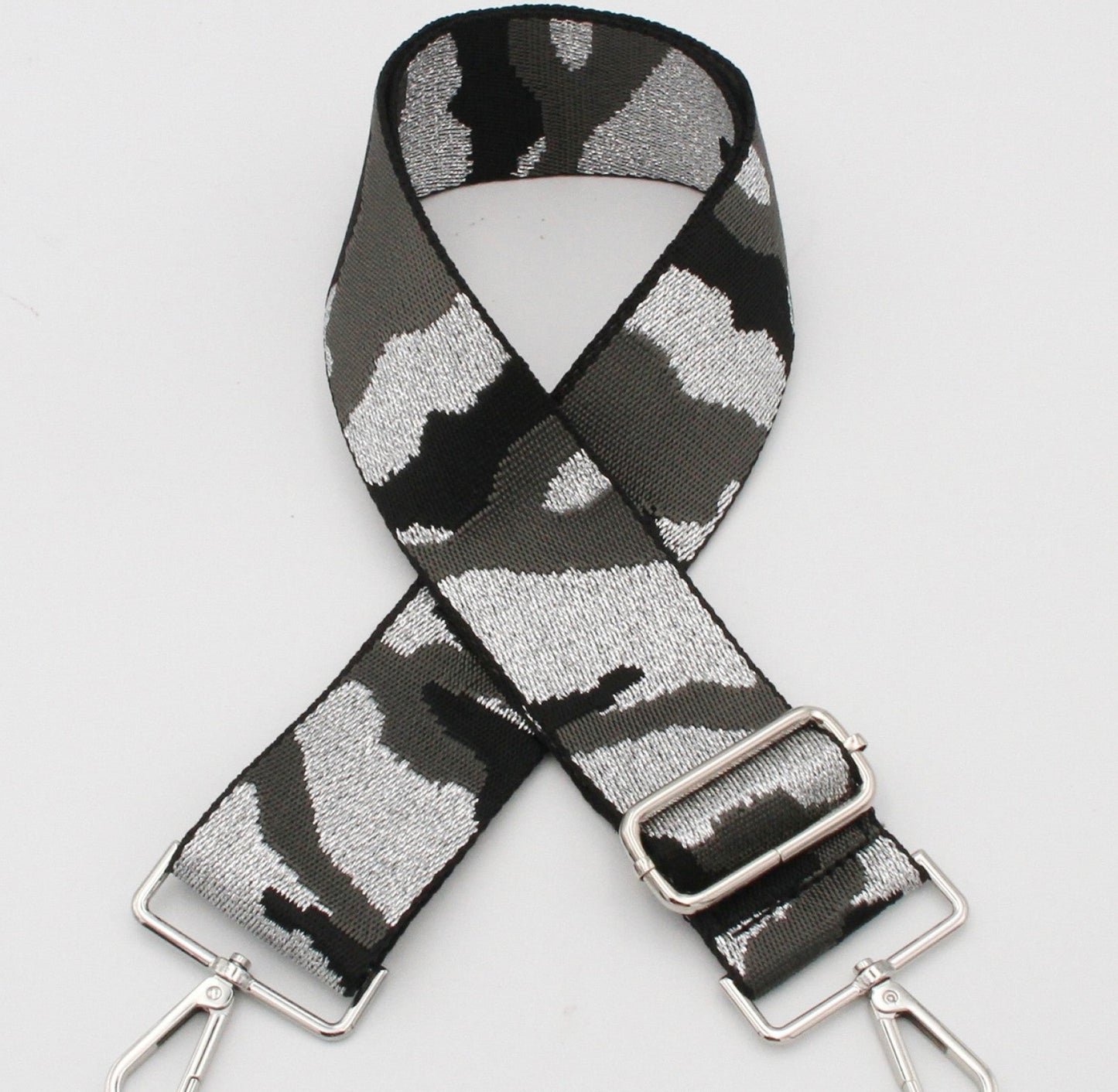 Black glitter camo print bag strap