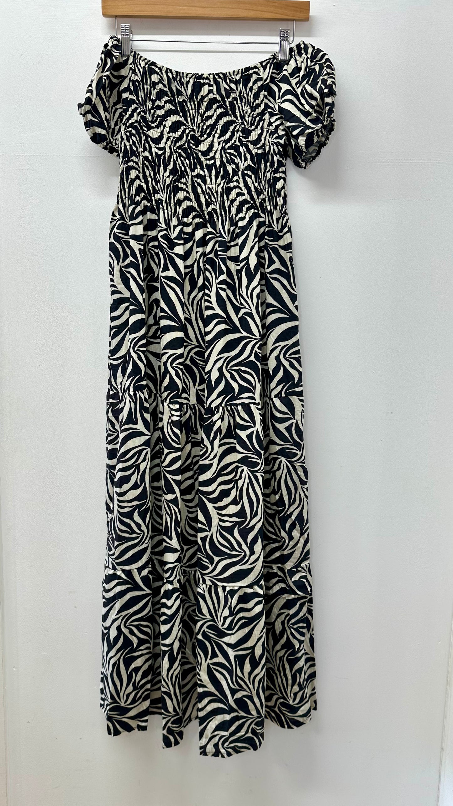 Black leaf Print Bardot Maxi Dress