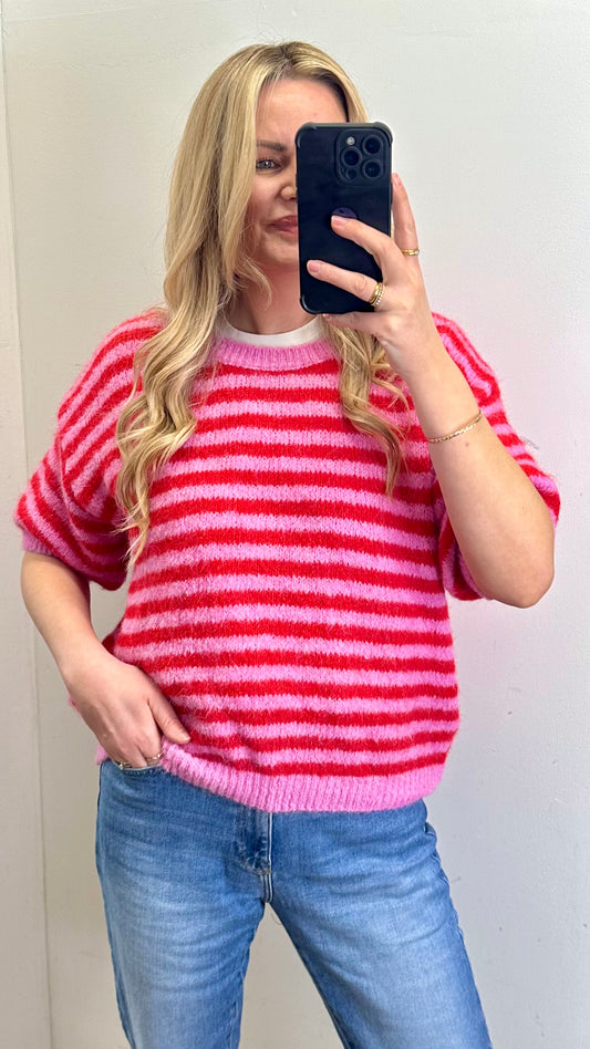 Pink / Red Stripe Short Sleeve Knit