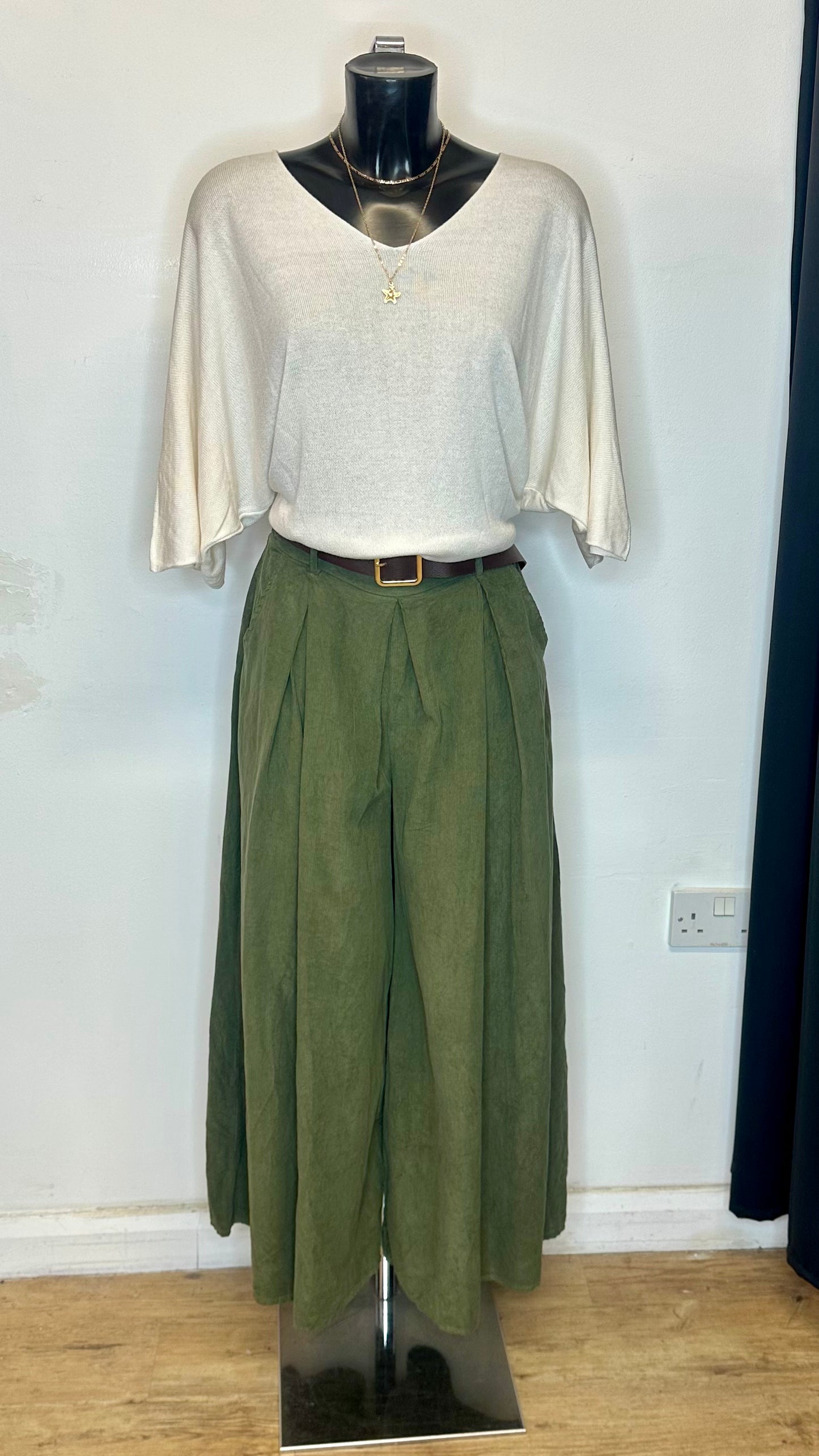 Corduroy Belted Trousers - Khaki Colour