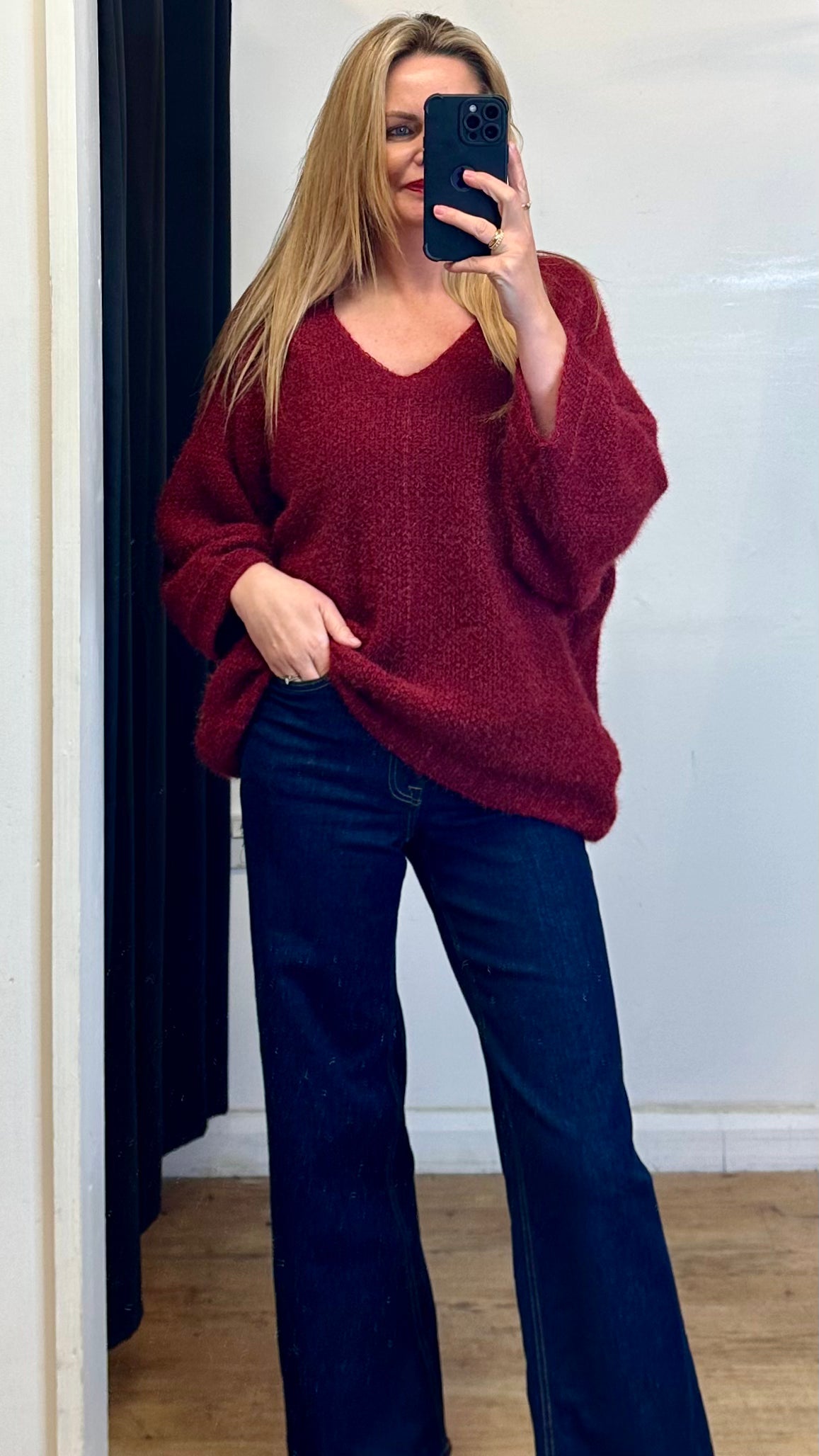 Fluffy V Neck Knit - Burgundy Colour
