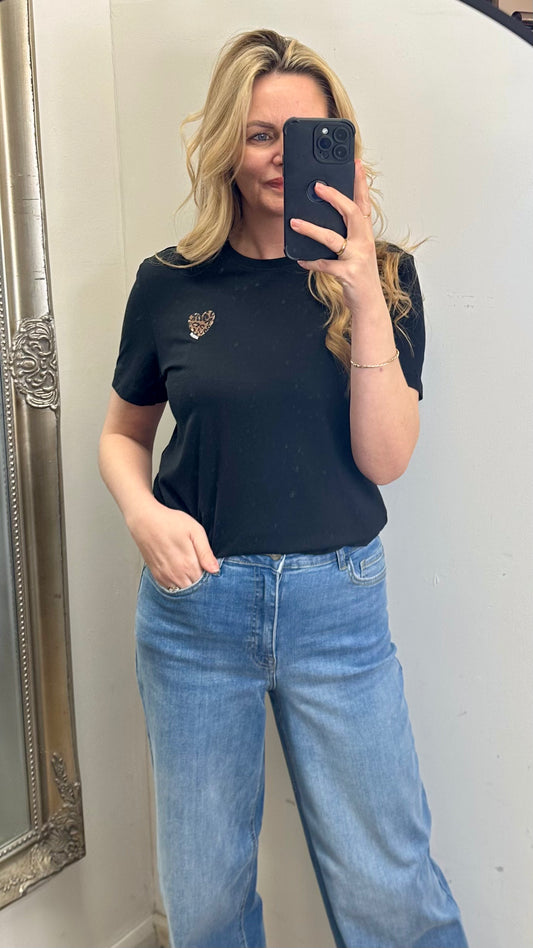 Animal Print Love Heart T-Shirt - Black Colour