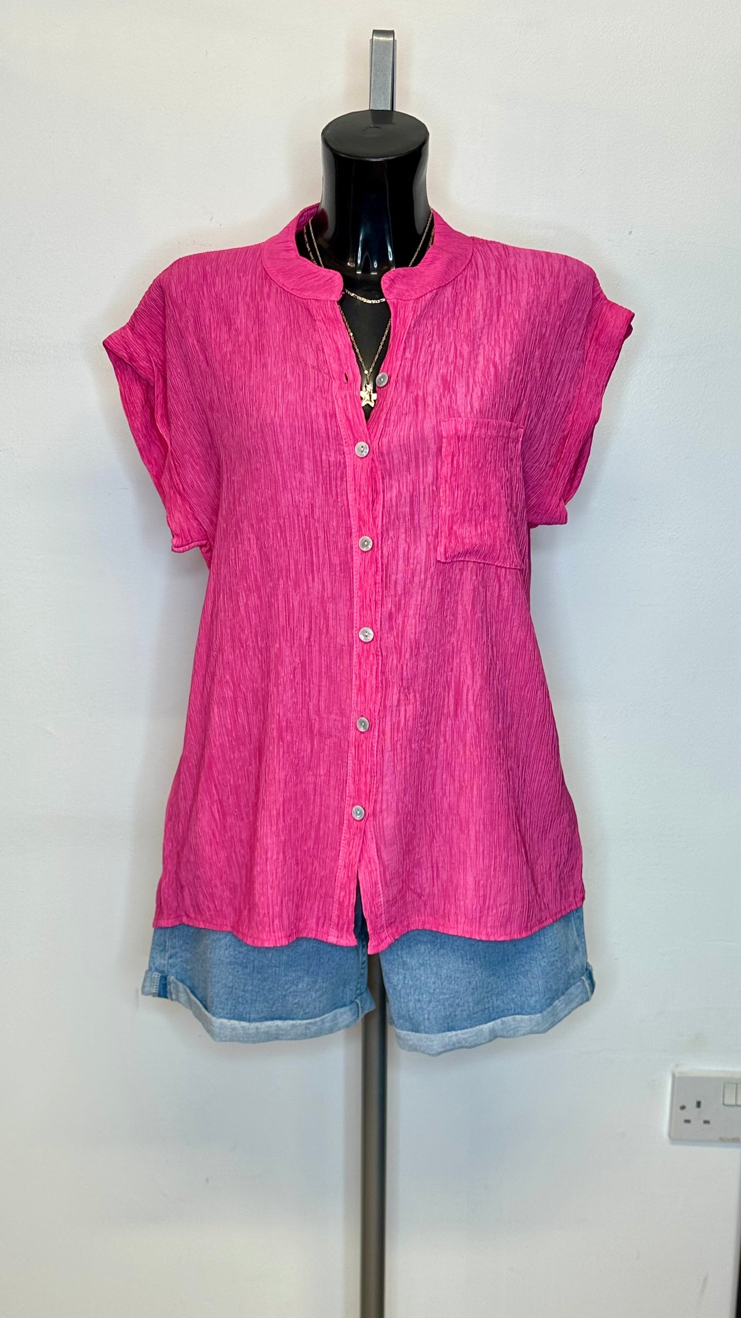 Crinkle Short Sleeve Shirt - Fuchsia