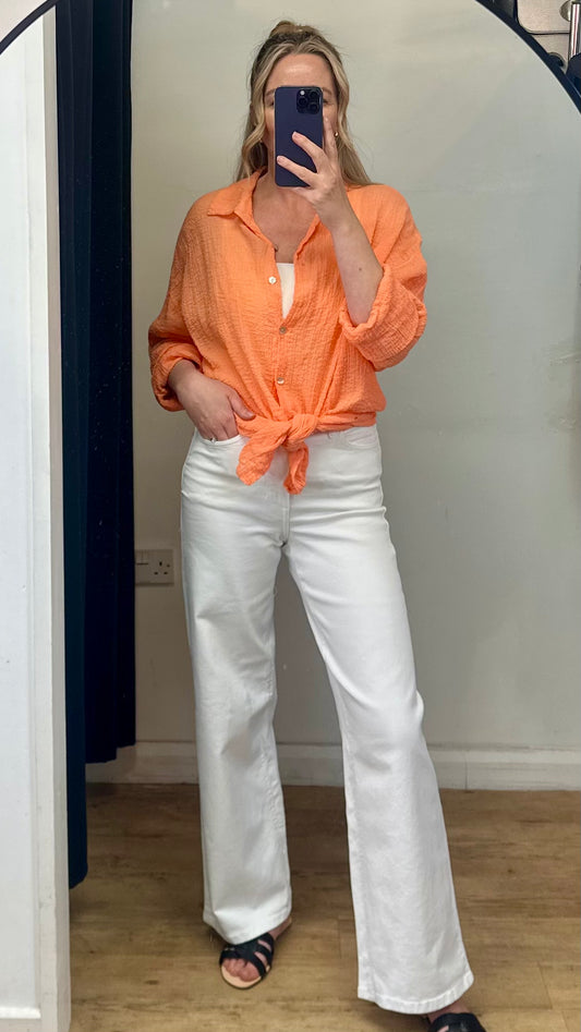 Orange cheesecloth tie knot shirt