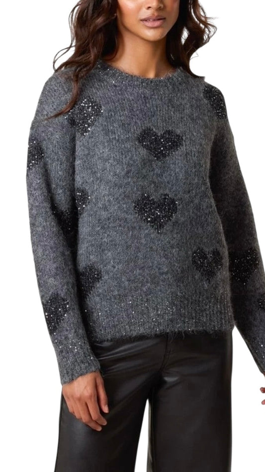 Metallic Heart Soft Knit Jumper - Grey Colour