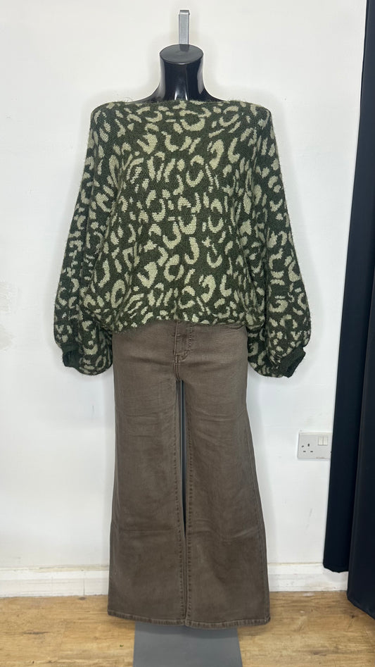 Animal Print Batwing Chunky Knit - Khaki Colour
