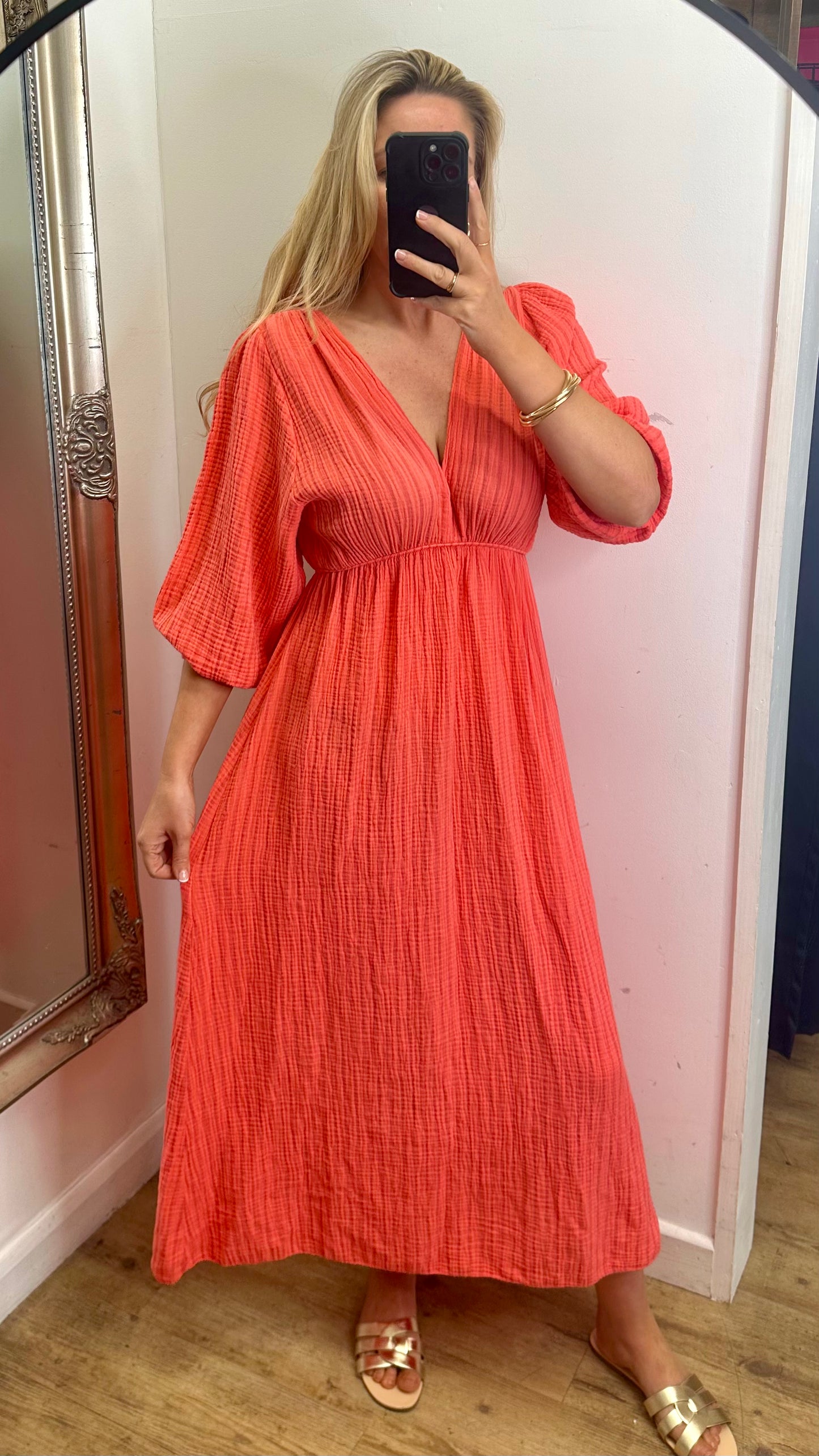 Coral Stripe Cotton Midi Dress