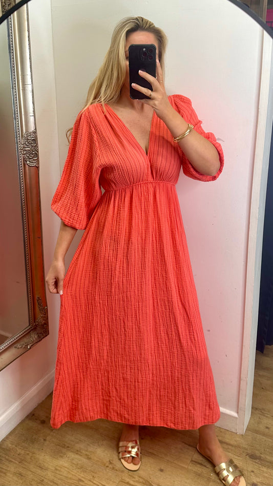 Coral Stripe Cotton Midi Dress