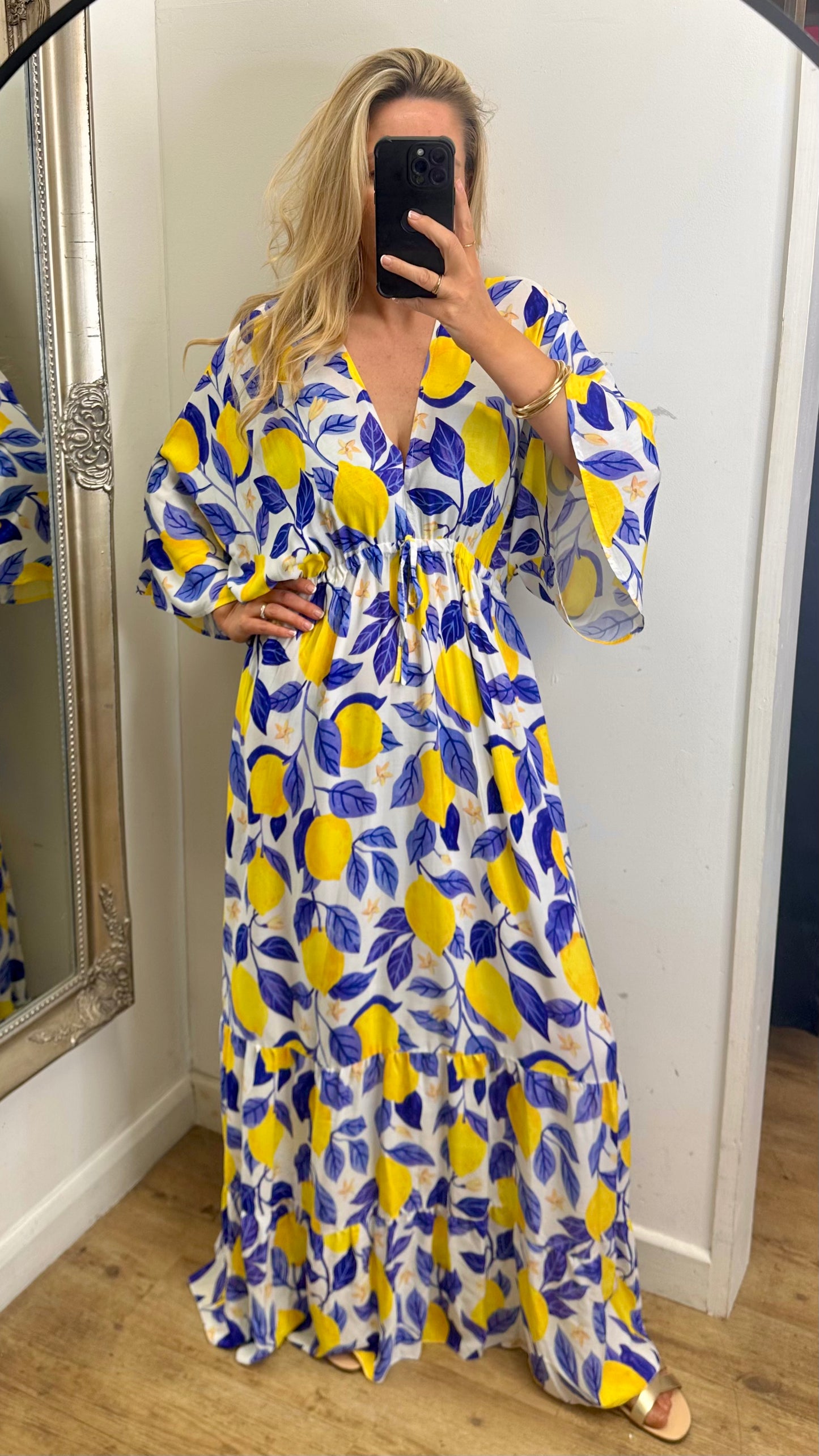 Blue / Yellow Lemon Maxi Dress