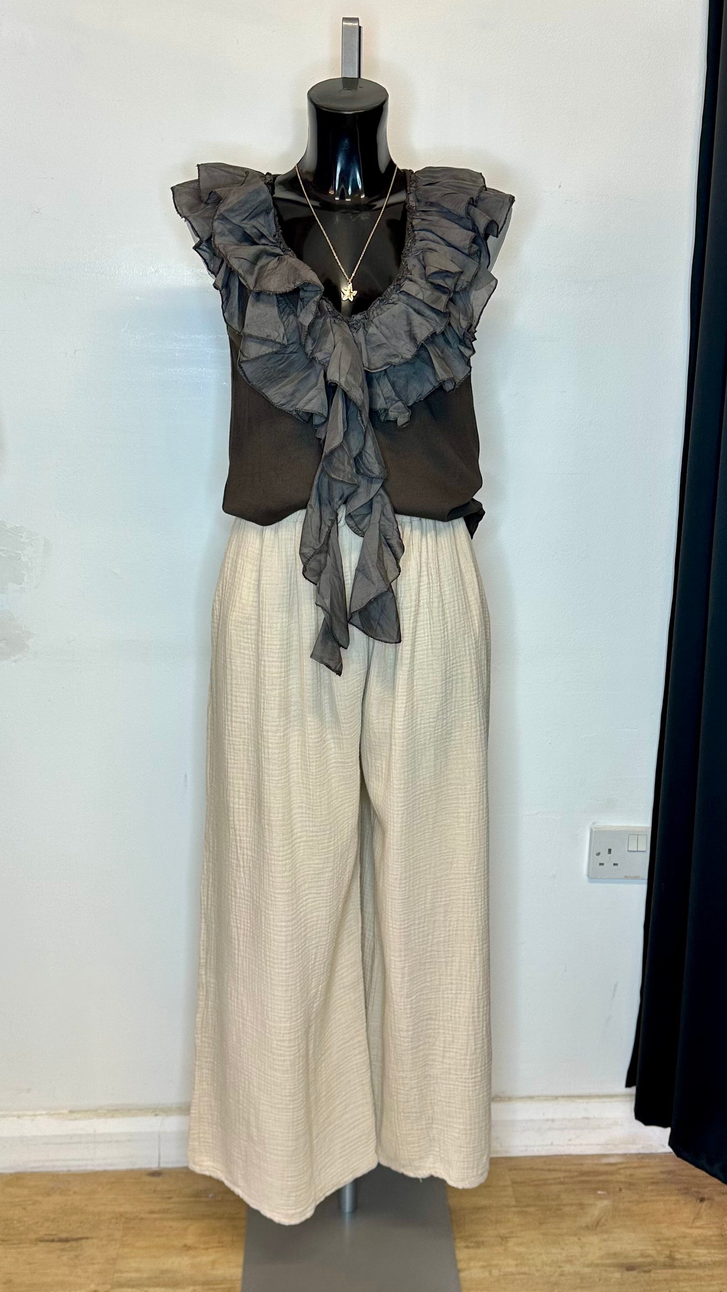 Brown Sleeveless Frill Top