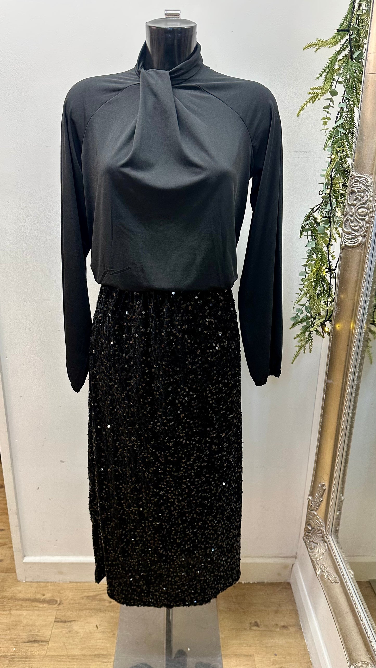 Black Sequin Velour Midi Skirt