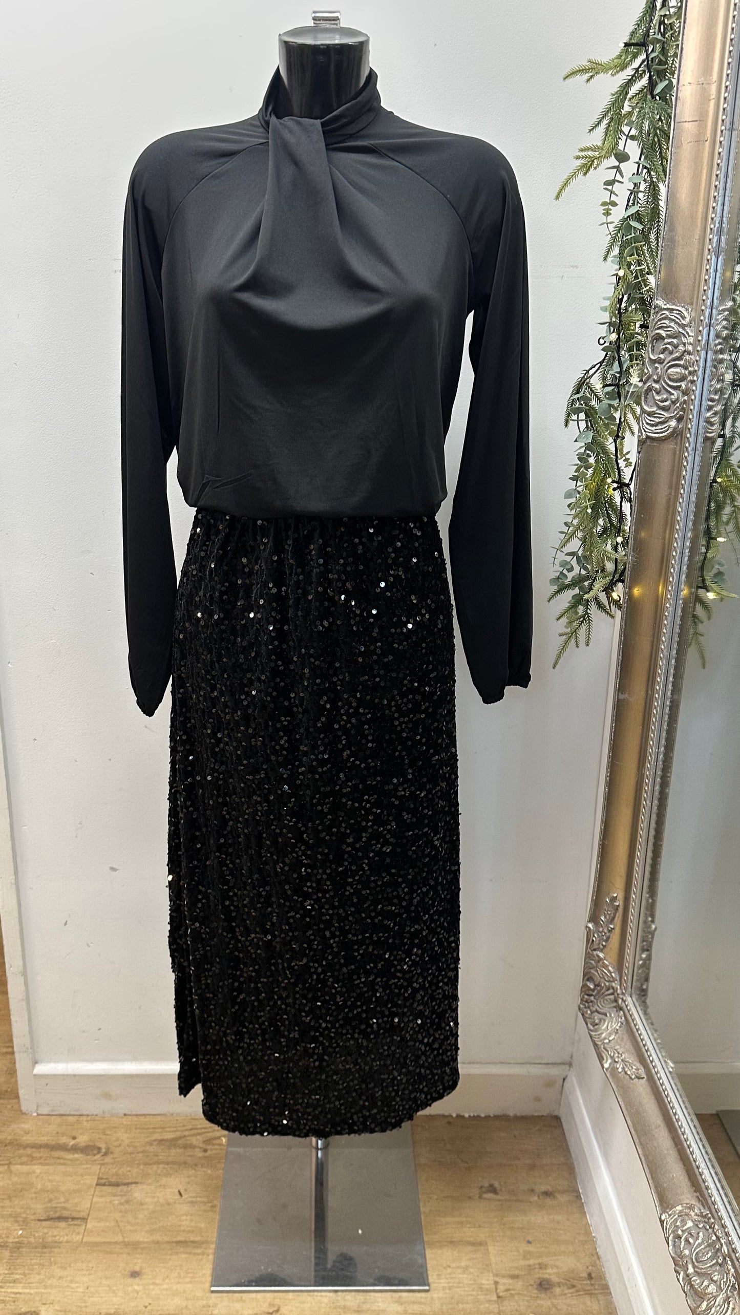 Black Sequin Velour Midi Skirt