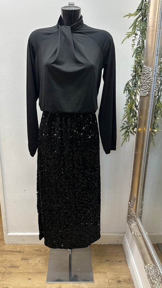 Black Sequin Velour Midi Skirt