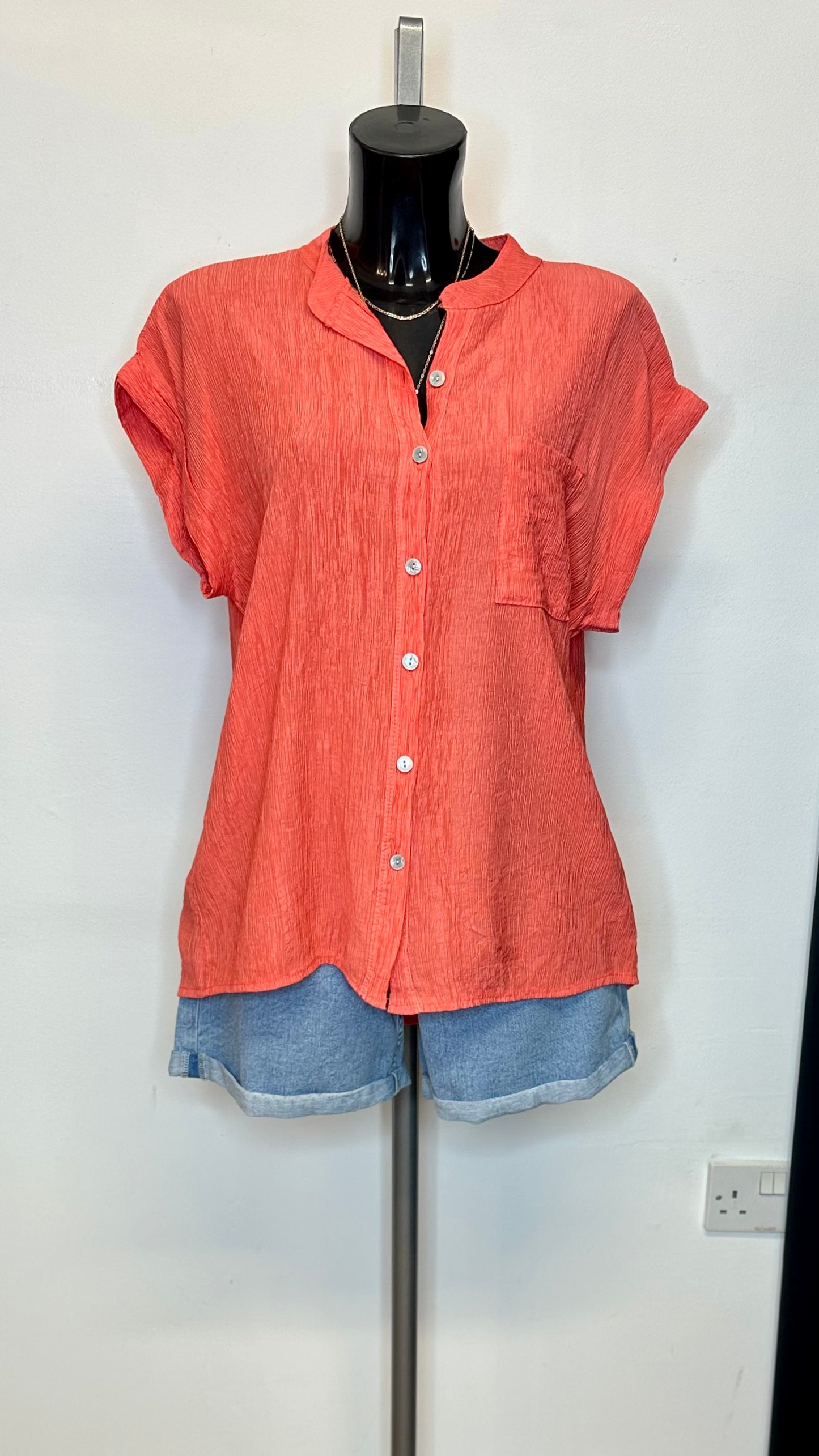 Crinkle Short Sleeve Shirt - Coral
