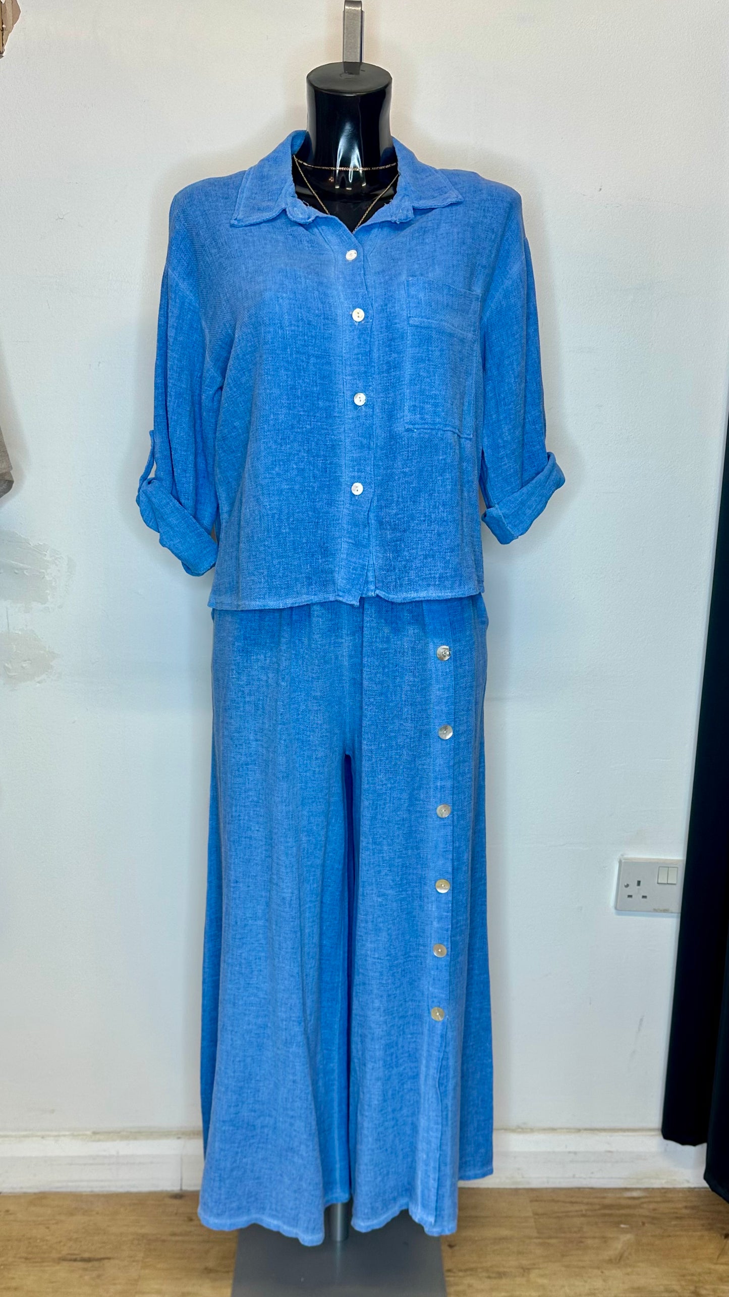 Cotton / Linen Button Top / Cardigan - Blue Colour