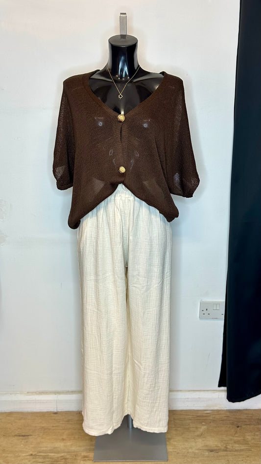 Button Front Sheer Cardigan - Brown Colour
