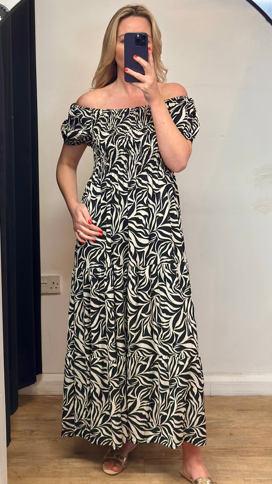 Black leaf Print Bardot Maxi Dress