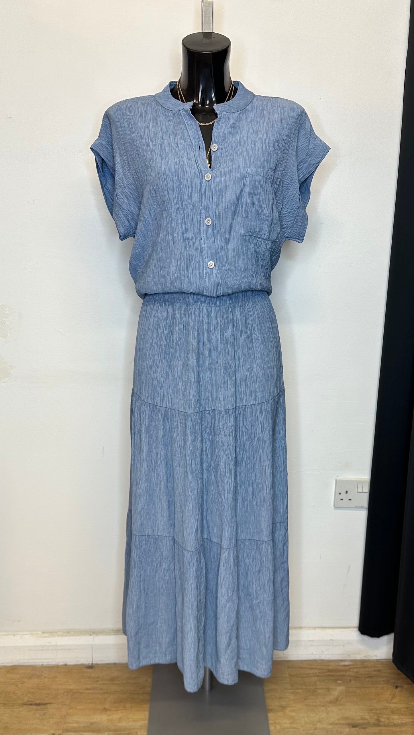 Crinkle Tiered Maxi Skirt - Denim Blue