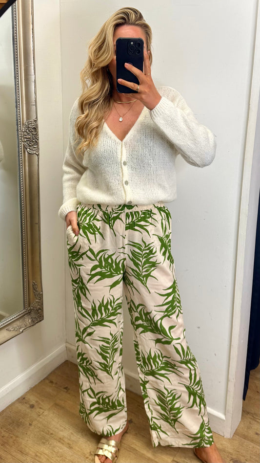 Palm Print Trousers - Green Colour