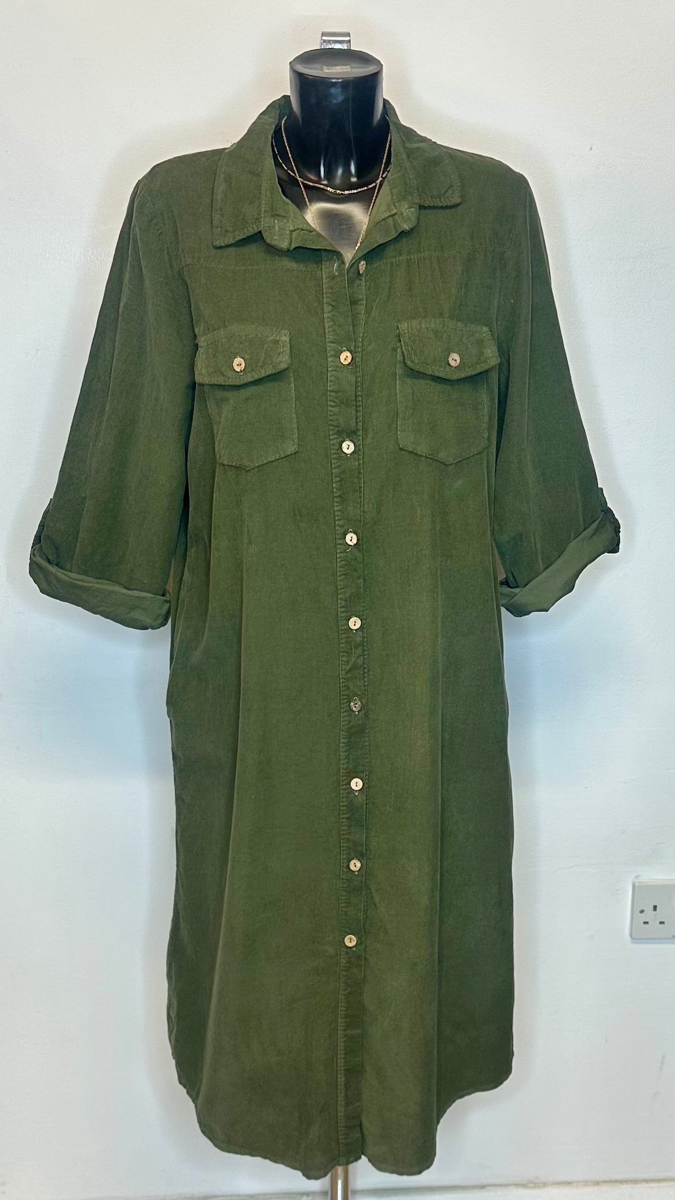 Corduroy Shirt Dress - Khaki Colour