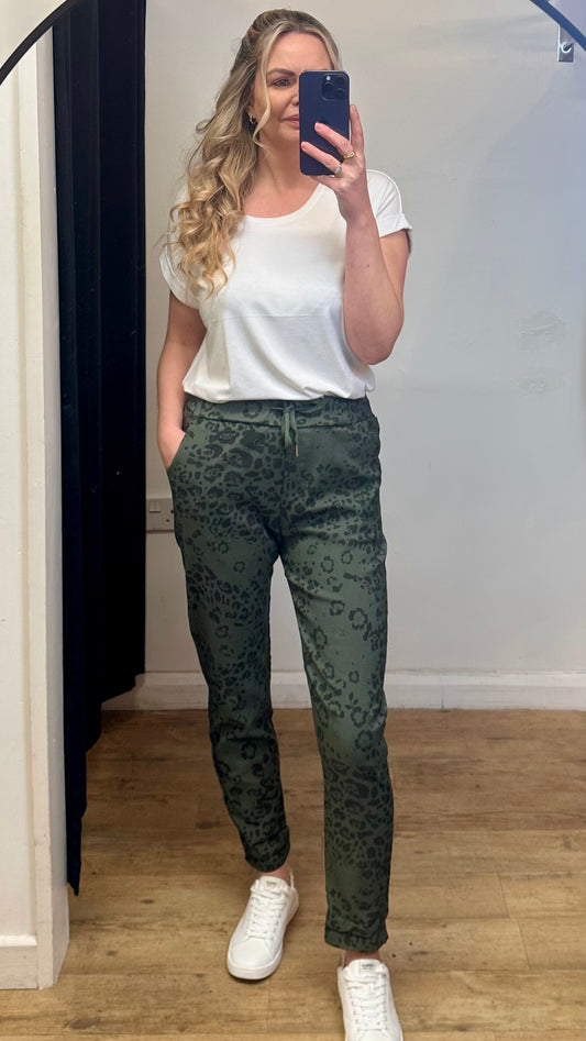 Khaki animal print trousers