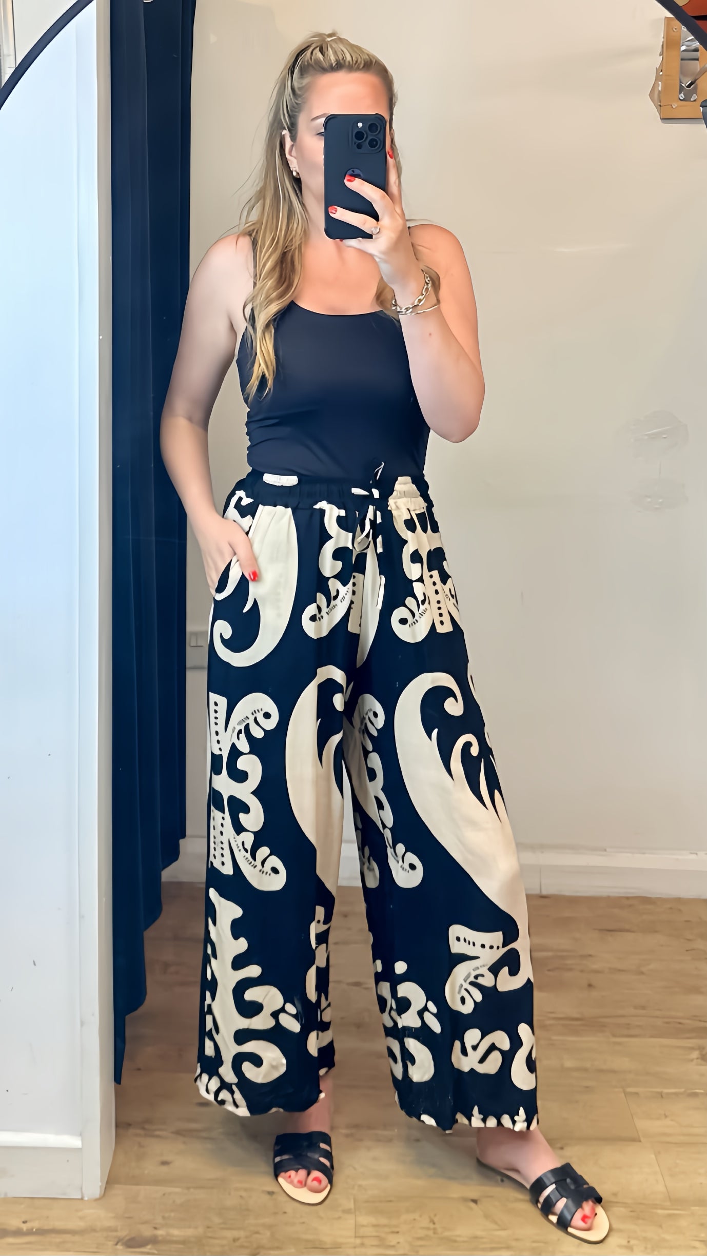 Black Print Wide Leg Trousers