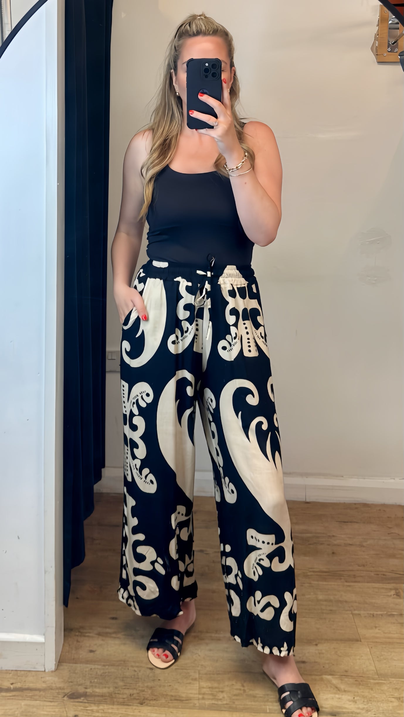 Black Print Wide Leg Trousers
