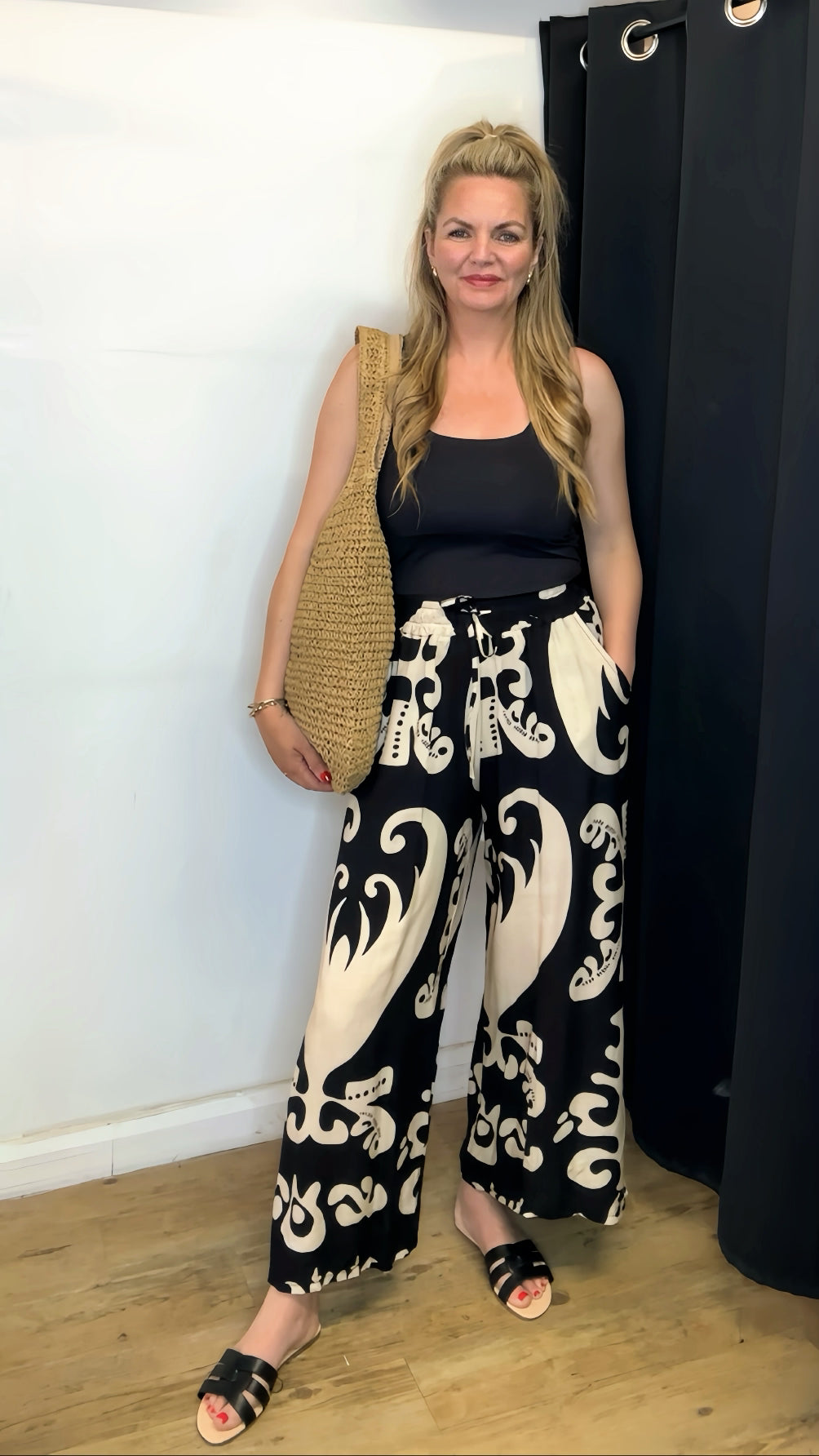 Black Print Wide Leg Trousers
