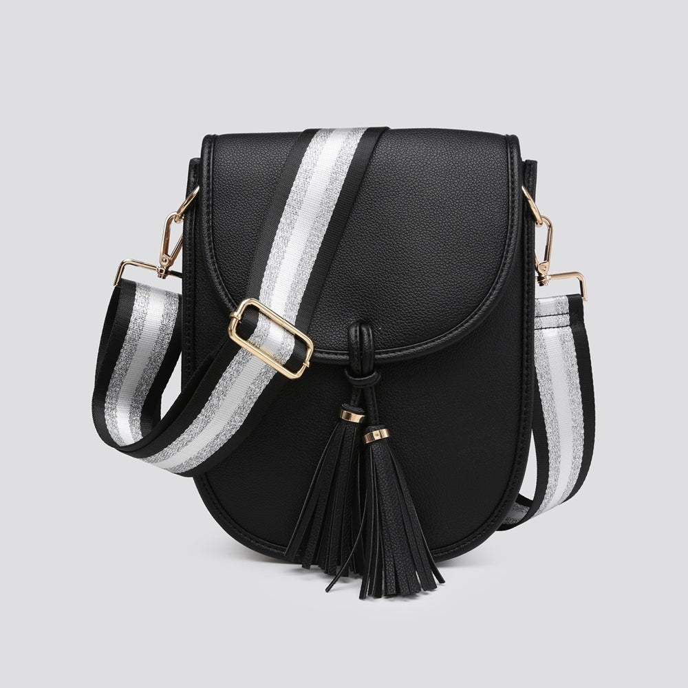 Black crossbody bag with front tassel closure
