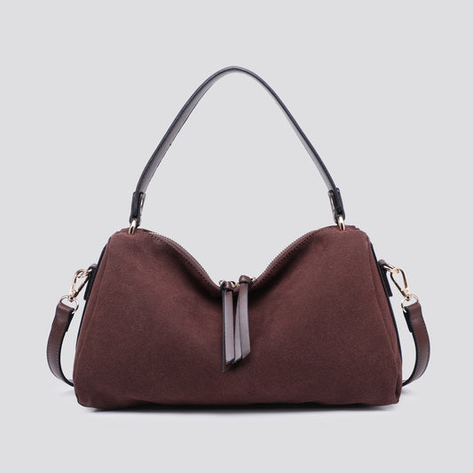 Suede Effect Small Tote Bag - Chocolate Brown Colour