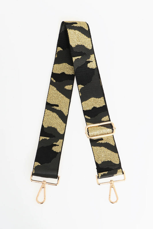 Black/Gold glitter camo print bag strap - Gold hardware