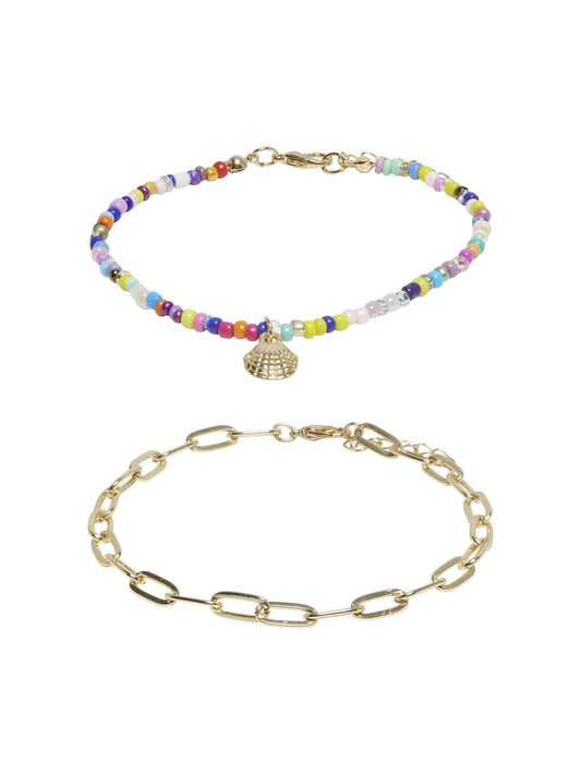 2- Pack Anklet - Multicoloured beads / Gold shell